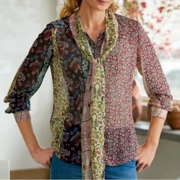 Soft Surroundings Womens Langdon Top Size XL Patchwork Paisley Tie Neck Blouse - Picture 3 of 10